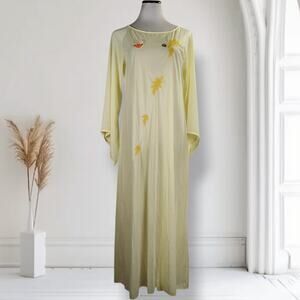Vintage NOS Eppie Sheer Caftan Dress Yellow Floral Embroidered Boho M